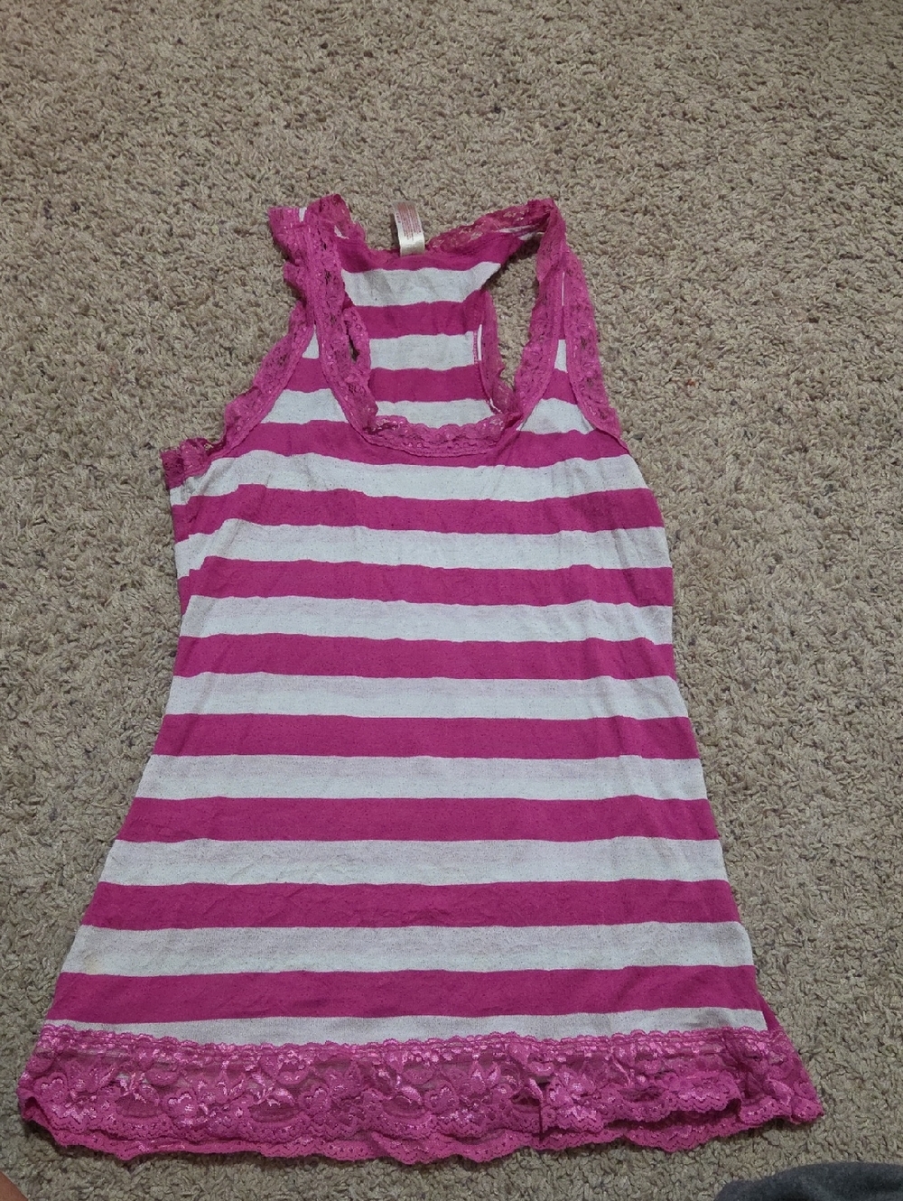 No Boundaries Pink and White Striped Lace-Trim Tank Top